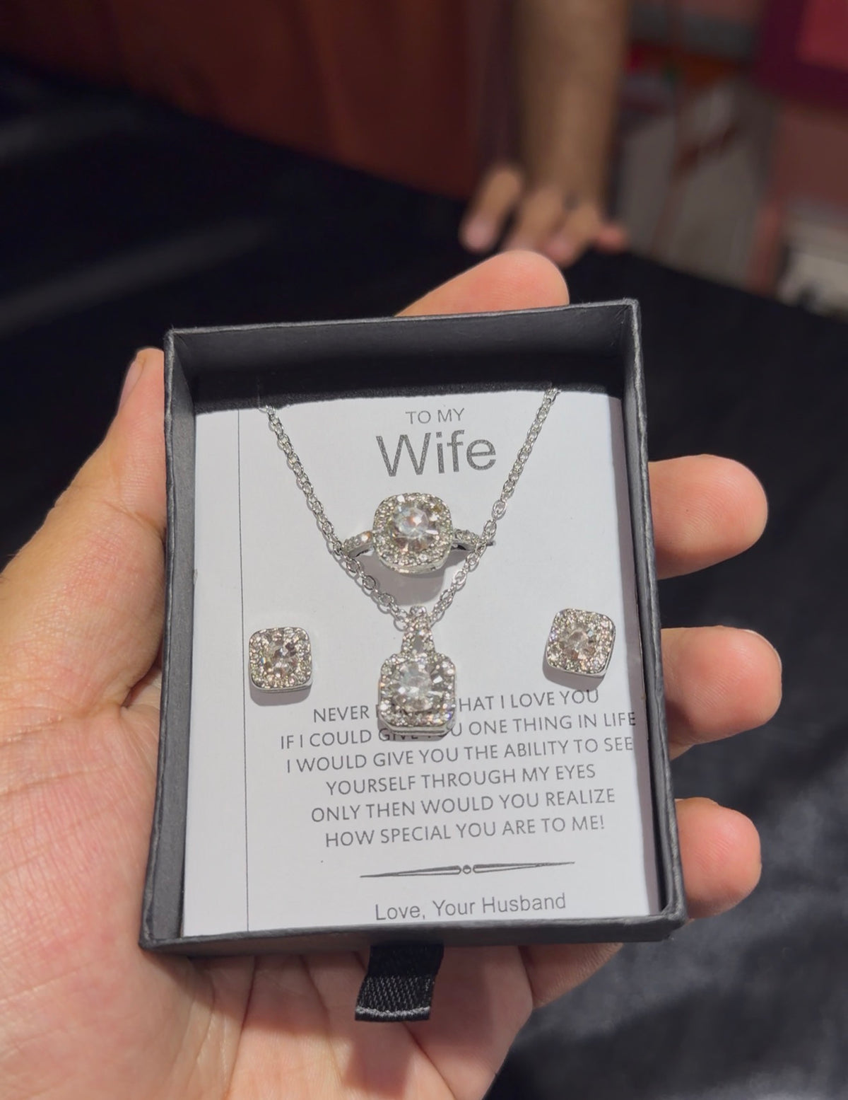 To My Wife Luxury 4-Piece Jewelry Gift Set – Necklace, Earrings & Ring with Romantic Message Card