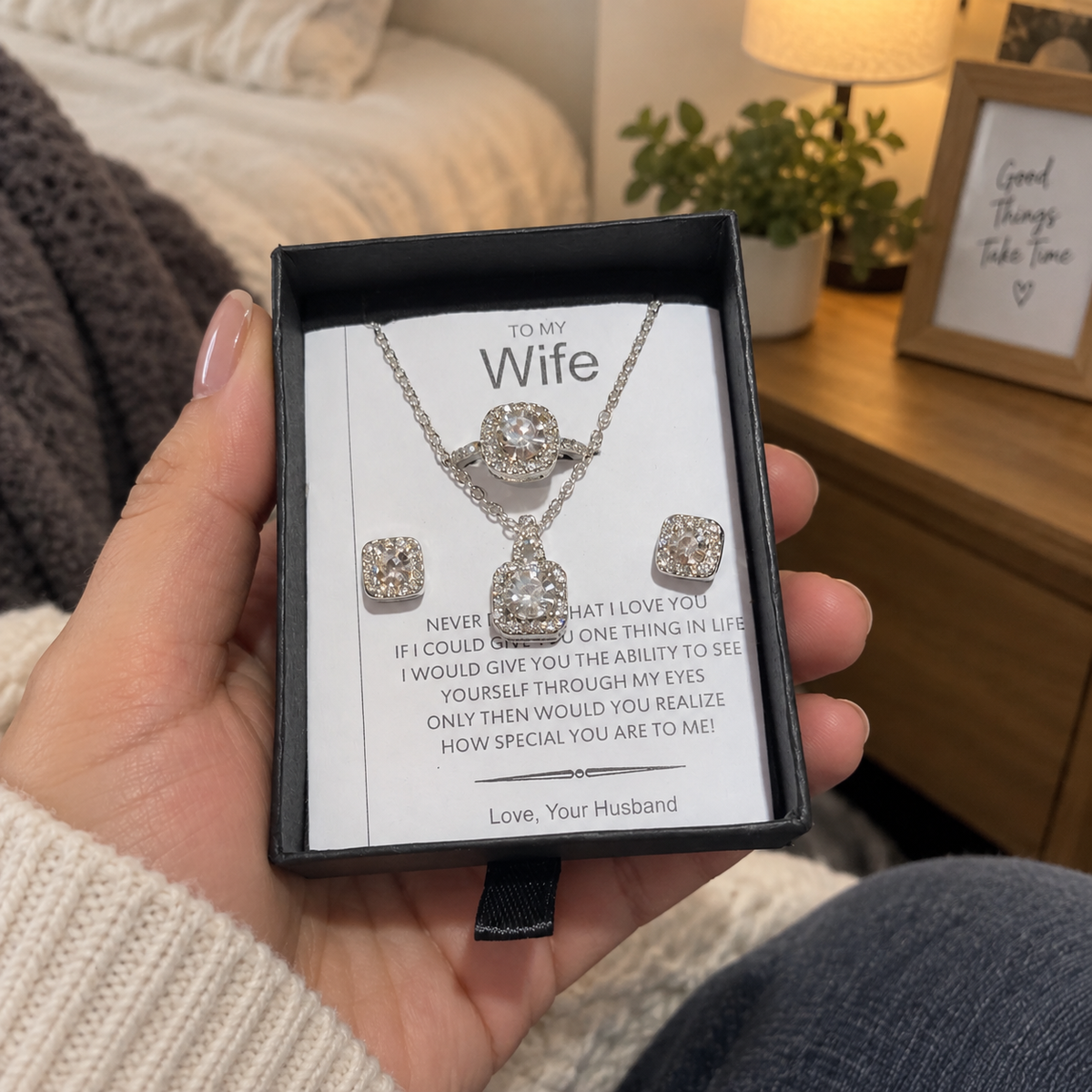 To My Wife Luxury 4-Piece Jewelry Gift Set – Necklace, Earrings & Ring with Romantic Message Card