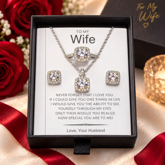 To My Wife Luxury 4-Piece Jewelry Gift Set – Necklace, Earrings & Ring with Romantic Message Card